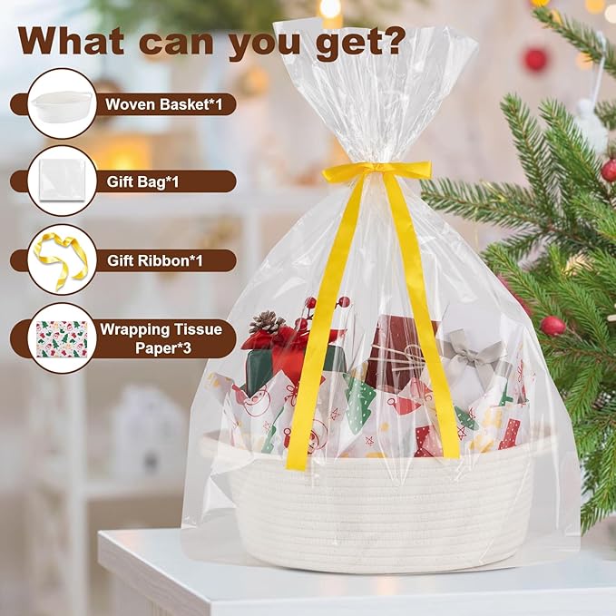 OIAHOMY Christmas Gift Basket with Handle, Small Woven Basket with Gift Bag, Ribbon and Wrap Tissue Paper, Nursery Bins Empty to Fill with Small Items, Baby, Pet Toy Organizer - Christmas White