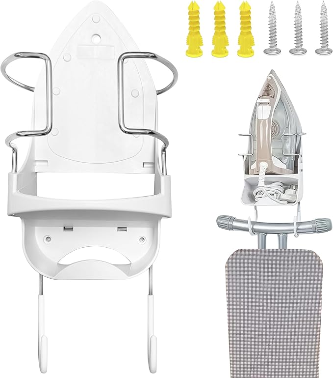 Wall Mount Iron Board Hanger，Ironing Board Storage Organizer Shelf with Iron Board Rack and Hooks for Laundry Room, Living Room, Bathroom ，Hotels