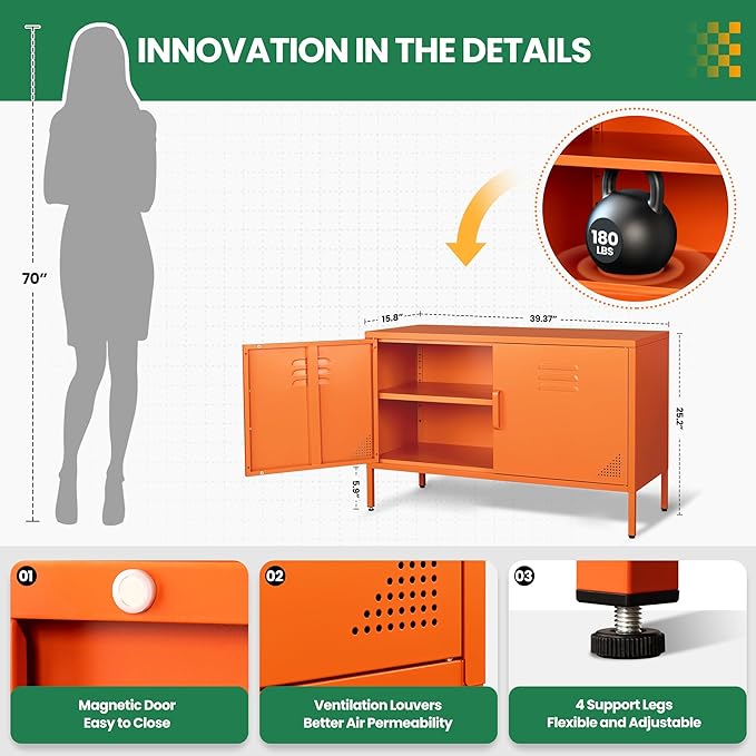 Orange Metal Storage Cabinet with 2 Doors and Adjustable Shelves, Multipurpose Metal Locker Accent Cabinet, 25" H TV Stand, Media Cabinet for Home, Office, Living Room,Kitchen, Music Studio
