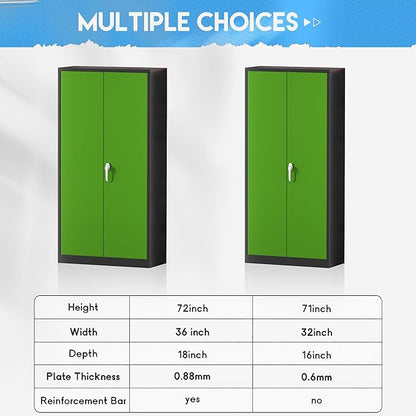 Greenvelly Metal Storage Cabinet,72" Steel Storage Cabinets with Doors and Adjustable Shelves, Metal Tool Cabinets, Locking File Cabinet for Home Office, Garage, School (Black Green36 Wx18 D)