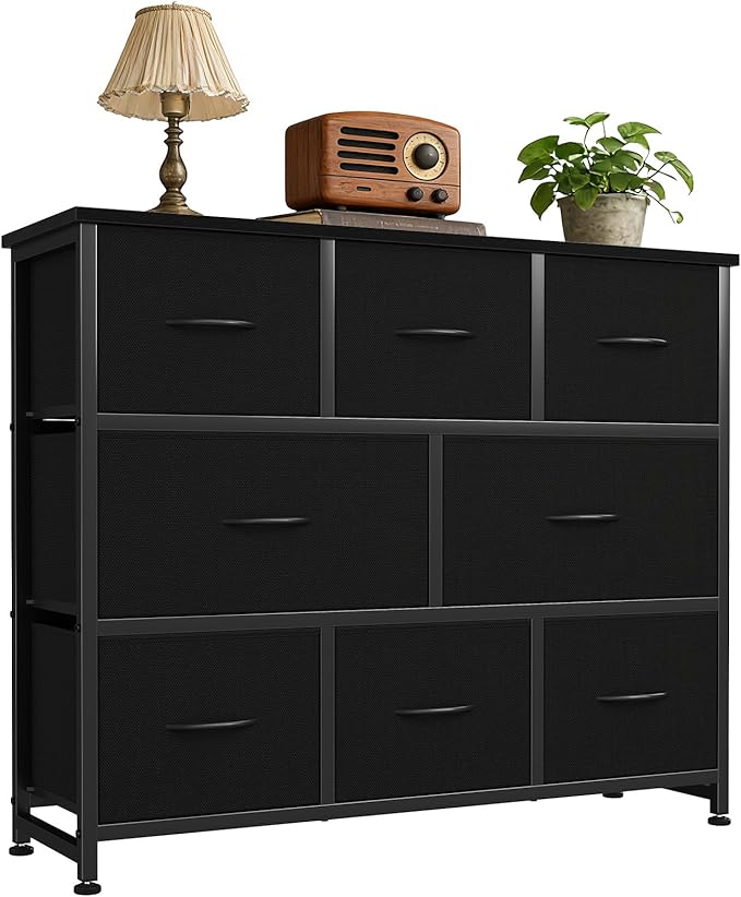 DUMOS TV Stand, Dresser with 8 Fabric Drawers, Spacious Storage Tower for Closet, TV Stand with Wood Top and Mental Frame, Storage Unit for Living Rooms, Bedroom and Entryway, Black