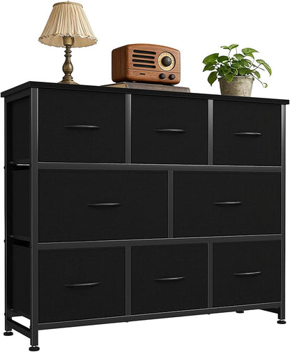 DUMOS TV Stand, Dresser with 8 Fabric Drawers, Spacious Storage Tower for Closet, TV Stand with Wood Top and Mental Frame, Storage Unit for Living Rooms, Bedroom and Entryway, Black