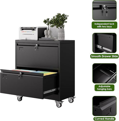 Aobabo 2 Drawer Lateral File Cabinet with 4 Detachable Wheels,Steel Filing Storage with Independent Locks and Index Card Holders for Home Office, 15.87" D x 28.94" W x 34" H, Black,Required Assembly