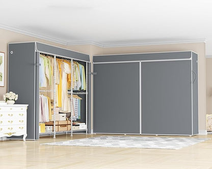 E14C Pro Heavy Duty Closet Organizer System，Freestanding Clothing Racks for Hanging Clothes，Adjustable Garment Rack 70.1"W × 16.6"D × 76.4"H Hold 960 lbs，White Rack with Grey Dustproof Cover