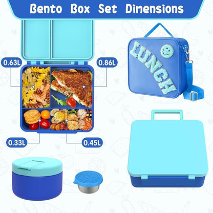 Kids Bento Lunch Box with 8oz Soup Thermo, Kids Leakproof Lunch Food Containers with 4 Compartment,Insulated Hot Food Jar with Lunch Bag for School, Travel (Blue)