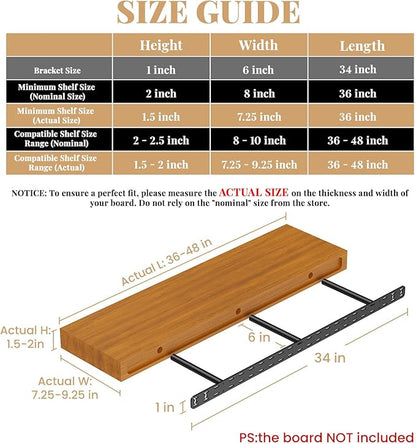 2pcs Floating Shelf Bracket Heavy Duty,Decorative Floating Shelf Hardware Hidden Black Metal Fireplace Mantel Brackets (34"X6"X1.0" with Tools)