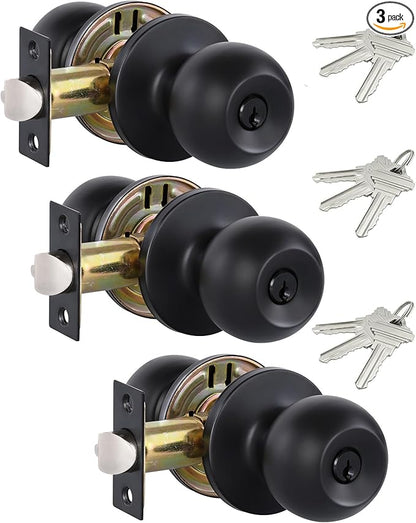 Lanwandeng (3 Pack) Black Door Knobs with Lock and Keys, Interior/Exterior Door Knob for Bedroom or Bathroom, Entry Door Handle Locks