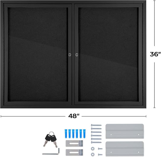 INNOVART Enclosed Bulletin Board 48” x 36”, Lockable Fabric Noticeboard with Aluminum Frame, Wall Display Case with 2 Swing-Open Doors Black Felt, Information Cabinet for School, Office, Commercial
