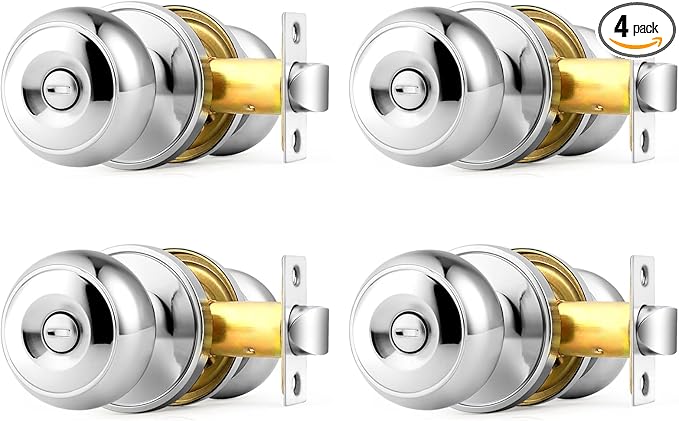 Probrico Polished Chrome Door Knobs, Interior Door Knobs with Round Ball Knob, Nickel Privacy Door Knob for Bedroom Bathroom, 4 Pack