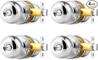 Probrico Polished Chrome Door Knobs, Interior Door Knobs with Round Ball Knob, Nickel Privacy Door Knob for Bedroom Bathroom, 4 Pack