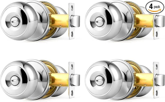 Probrico Polished Chrome Door Knobs, Interior Door Knobs with Round Ball Knob, Nickel Privacy Door Knob for Bedroom Bathroom, 4 Pack