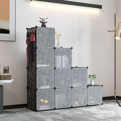 C&AHOME Cube Storage Organizer with Doors, 12-Cube Shelves, Closet Cabinet, DIY Plastic Modular Bookshelf Ideal for Bedroom, Living Room, 36.6”L x 12.4”W x 48.4”H Black USHS3012B-DOOR