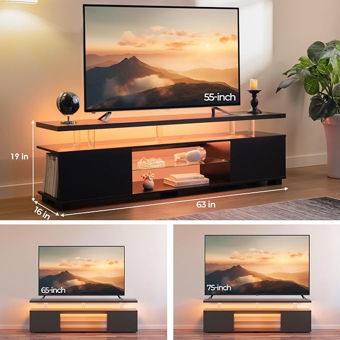 Black TV Stand,Glass TV Stands for Living Room,TV Stand for 75+ inch TV,Long TV Cabinet for Living Room,Bedroom,Home Office