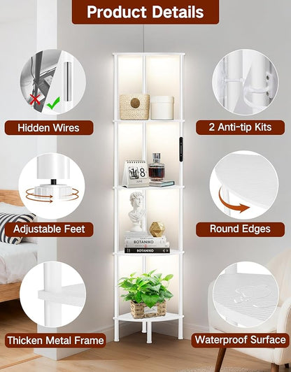 5 Tier Corner Bookshelf with LED Light, Touch & Remote Control, Dimmable Narrow Display Shelf with 3 Color Temperature, 1-Hour Timer, Display Shelves for Living Room, Bedroom