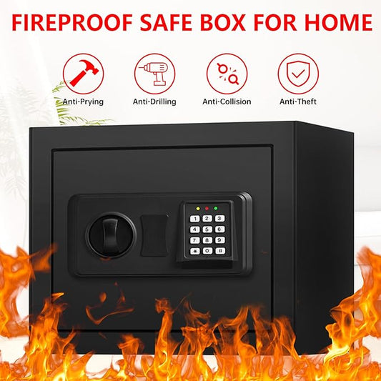 1.2 Cuft Small Home Safe Fire and Waterproof, Anti-theft Fireproof Safe Box with Digital Keypad, Spare Keys and Removable Shelf, Personal Safes for Home Money Medicine Valuables