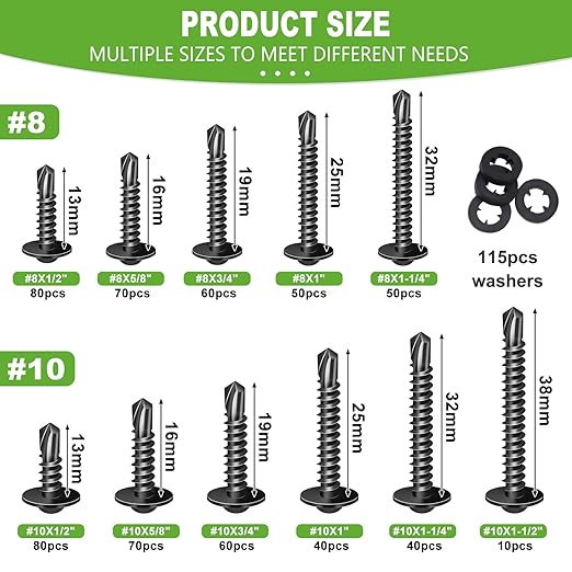mxuteuk 1220PCS #8#10 Black Self Tapping Screws,410 Stainless Steel Self Drilling Screws for Metal,1/2" to 1-1/2" Truss Head Self Tapping Screw for Metal,Plastic,Wood (610PCS Screw+610PCS Washers)