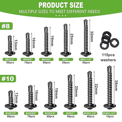 mxuteuk 1220PCS #8#10 Black Self Tapping Screws,410 Stainless Steel Self Drilling Screws for Metal,1/2" to 1-1/2" Truss Head Self Tapping Screw for Metal,Plastic,Wood (610PCS Screw+610PCS Washers)