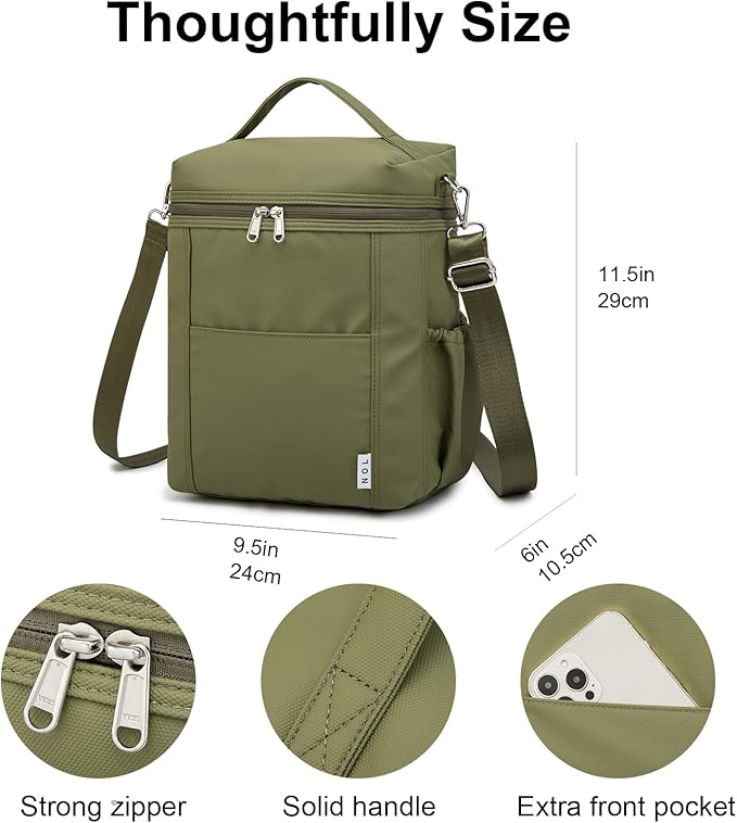 NOL Natural Organic Lifestyle Insulated Lunch Bags for Women Cooler Bag Lightweight Nylon Waterproof Lunch Box For Work (Amy green, Large)