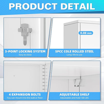Bonusall Garage Cabinet with Lockable Door,2 Door Metal Tool Cabinets with 4 Adjustable Shelves,Locking Steel Cabinet for Home Office, Warehouse，School(White)