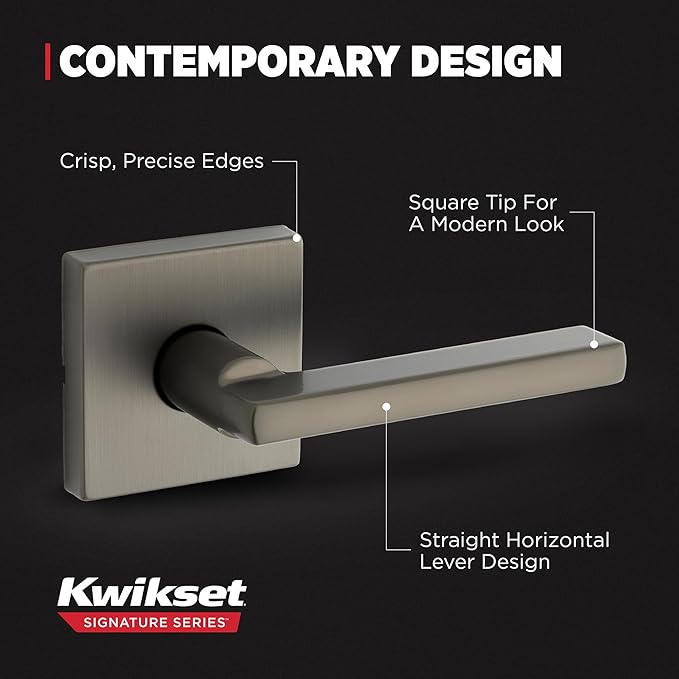 Kwikset Halifax Interior Square Passage Door Handle, Lever for Closet and Hallway Doors, Reversible Non-Locking Handle Lever, Gunmetal