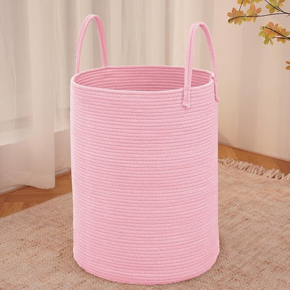 Large Woven Laundry Basket Hamper,60L Cotton Rope Storage Bin for Blankets,Toys and Clothes,Decorative Tall Nursery Hamper for Living Room,Baby Nursery,Bathroom and Bedroom,Pink