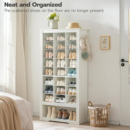 HOOBRO Tall Shoe Cabinet, 9 Tier Shoe Storage Cabinet, Freestanding Wooden Shoe Cabinet Organizer with 24 Cubbies and 3 Hooks, for Entryway, Closet, Living Room, White WT24SC01