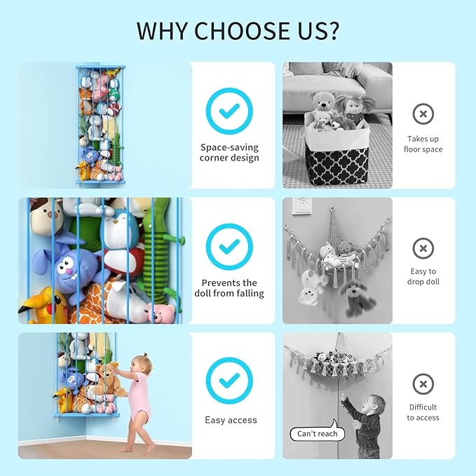 Corner Stuffed Animal Storage Net - Stuffed Animals Holder with Lights - Plush Organizer Hanging Stuffed Animal Hammock for Wall (Blue, X-Large)