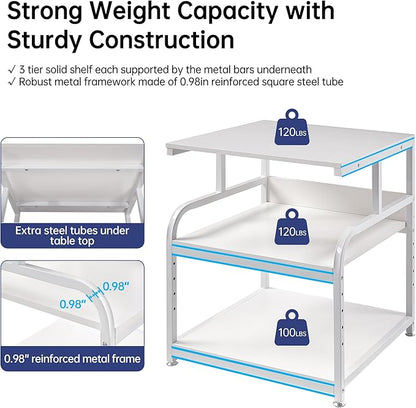 Printer Stand, 25.6" x 23.6" x 30.9" Extra Large Printer Table with Adjustable Storage Shelf, 3 Tier Rolling Printer Cart with Industrial Wheels for Home Office, White