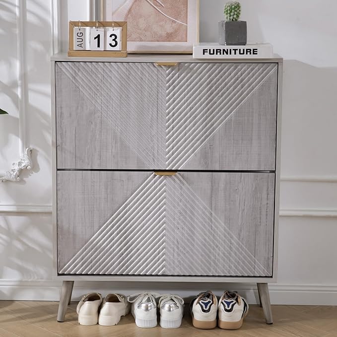 Shoe Cabinet with 2 Flip Drawers, Freestanding Shoe Organizer with 4 Wooden feet, Modern Shoes Storage Cabinet for Entryway, Hidden Narrow Shoe Rack Cabinet for Foyer, Hallway, Mudroom, Grey