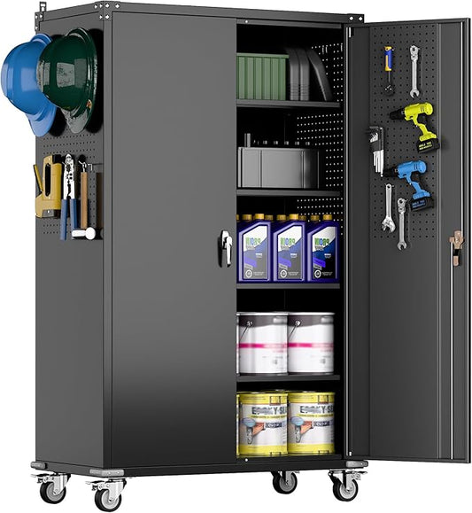 43.3" Wx21.85 Dx72 H Wide and Deep Garage Storage Cabinet with Wheels and Pegboard, Heavy Duty Metal Storage Cabinet with 4 Adjustable Shelves and 9 Hooks for Garage,Warehouse,Home, Black