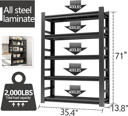 Metal Garage Shelving Unit,Heavy Duty 5-Tier Adjustable Storage Shelves,3000 lbs Capacity,Industrial Shelves for Heavy Tools and Equipment,for Garage,Basement (Black, 35.4" Wx13.8 Dx71 H)
