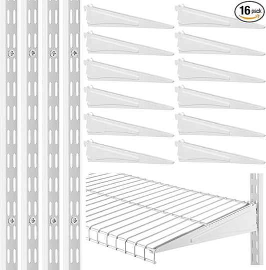 47.5 Inch Twin Rail Upright Wall Shelving System with 12 Inch Locking Shelf Bracket Adjustable Closet System Heavy Duty Metal Support for Deep Wire Shelving Closet (16 Pcs)
