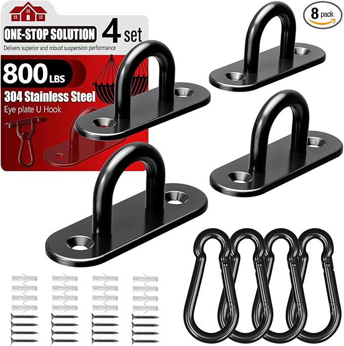 sprookber 304 Stainless Steel Pad Eye Snap Hooks, M6 Heavy Duty Ceiling Hooks, 800 lb Capacity Hammock Swing Hanging kit, Plant Hangers, Marine Hardware Staple Hook Loop with Screws, Set of 8(Black)