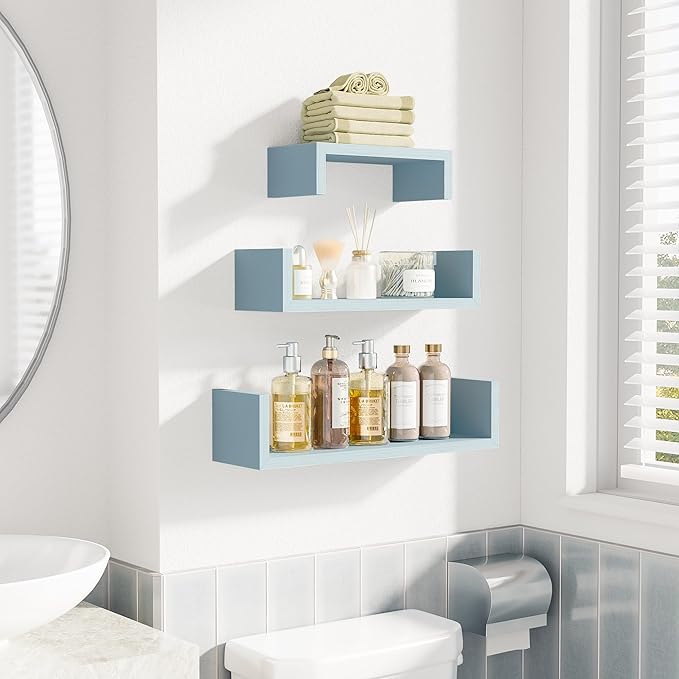 SRIWATANA Floating U Shelves Wall Mounted, Solid Wood Wall Shelves Set of 3 (Blue)