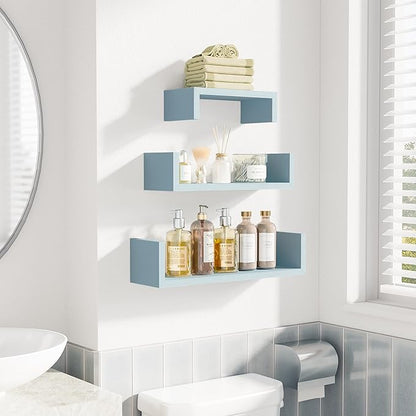 SRIWATANA Floating U Shelves Wall Mounted, Solid Wood Wall Shelves Set of 3 (Blue)