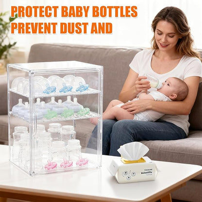 YESGIRL 3-Tier Clear Baby Bottle Organizer,Clear Stackable Acrylic Storage With Drawer for Countertop Cabine Storage Station Case Box Container for Nipples Pump Parts Food Jars