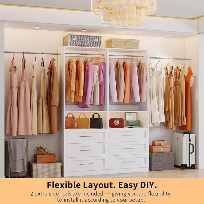 Closet System with 2 Sets, 4FT-10FT Customizable Closet Organizer System with 6 Wooden Drawers & 2 Shelves, Walk-in Closet or Freestanding Tower Closet Storage System with 4 Hanging Rods, White