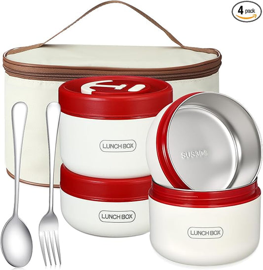 Dandat 4 Pcs Insulated Bento Box Portable Stainless Steel Food Container Round Stackable Leakproof Thermal Food Container for Adult Men Women with Insulated Bag, 74 oz(Red)