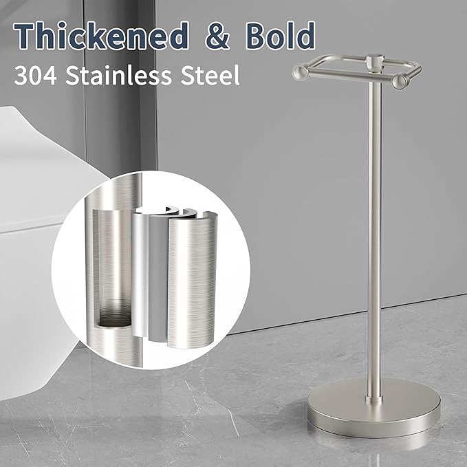 Toilet Paper Holder Stand, Post Pivoting Design Free Standing Toilet Paper Holder, SUS304 Stainless Steel Toilet Paper Roll Holder, Heavy Stable Base (Brushed Nickel)