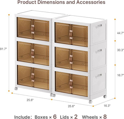 Extra Large Stackable Storage Bins with Lids & Wheels & Door, 672QT-112QT/28GAL*6Pack Foldable Collapsible Closet Organizers, Plastic containers drawers for bedroom Dorm
