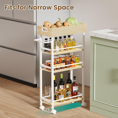 Slim Storage Cart, 4-Tier Small Rolling Cart with Wheels, 8.5" Deep, Narrow Bathroom Shelf Trolley for Kitchen, Bathroom, Laundry Room, White Medium 4-Tier (8.5" W x34.7 H)