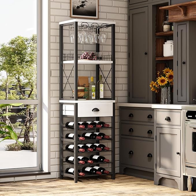 Homeiju Wine Rack Freestanding Floor, Bar Cabinet for Liquor and Glasses, 4-Tier bar Cabinet with Tabletop, Glass Holder, Storage Drawer and Wine Storage for Home Bar(Patent No.D1009580)