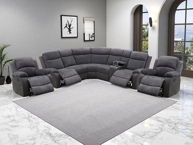 Reclining Sofa Couches with 4 Recliner Seats, 5 Pieces Living Room Furniture Sets, Dark Grey Corduroy Fabric Recliner Sectional Sofa Set with Drop-Down Table, Cup Holder,Storage Console
