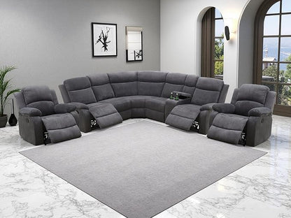 Reclining Sofa Couches with 4 Recliner Seats, 5 Pieces Living Room Furniture Sets, Dark Grey Corduroy Fabric Recliner Sectional Sofa Set with Drop-Down Table, Cup Holder,Storage Console