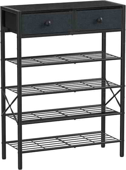 Shoe Rack for Entryway, 5 Tier Shoe Organizer with 2 Non-Woven Drawers, Metal Storage Shoe Shelf for 16-20 Pairs of Shoes, with Wooden Top and Steel Frame, Shoe Stand for Closet Black Grey