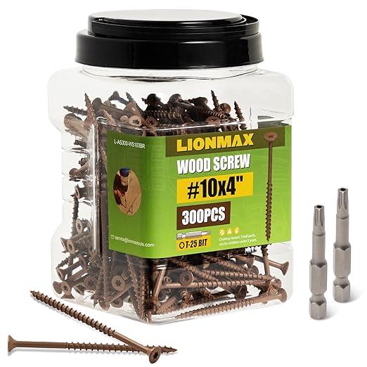 LIONMAX Wood Screws 4 Inch, Deck Screws #10 x 4, 300 PCS, Rust Resistant, Epoxy Coated, Exterior Wood Screw, Outdoor Decking Screws, Torx/Star Drive Head, T25 Star Bit Included, Brown