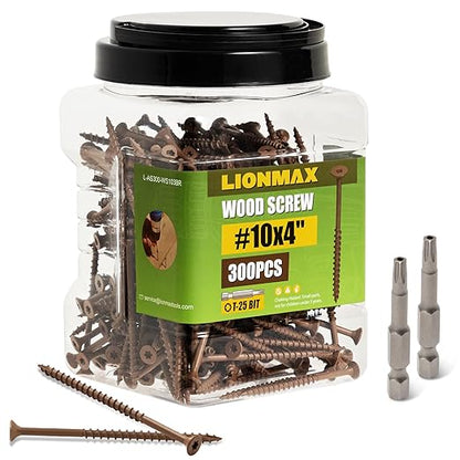 LIONMAX Wood Screws 4 Inch, Deck Screws #10 x 4, 300 PCS, Rust Resistant, Epoxy Coated, Exterior Wood Screw, Outdoor Decking Screws, Torx/Star Drive Head, T25 Star Bit Included, Brown