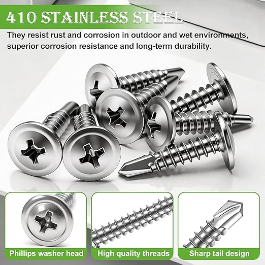 mxuteuk 420PCS #8×3/4" Self Tapping Screws,410 Stainless Steel Self Drilling Screws,Phillips Modified Truss Head Self Tapping Screw for Metal,Plastic,Wood(210pcs Silver Screw+210pcs Washer)