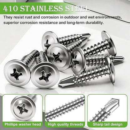 mxuteuk 420PCS #8×3/4" Self Tapping Screws,410 Stainless Steel Self Drilling Screws,Phillips Modified Truss Head Self Tapping Screw for Metal,Plastic,Wood(210pcs Silver Screw+210pcs Washer)