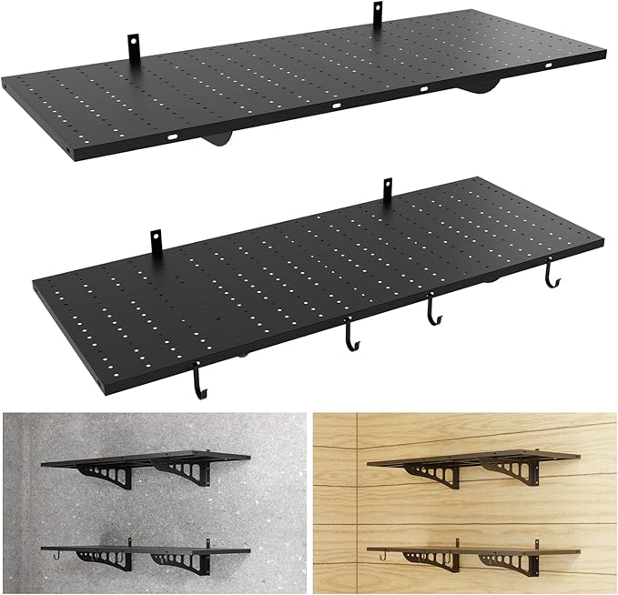2-Pack 1.5 * 4ft Heavy Duty Garage Wall Shelving, 500 lbs Load Capacity, Garage Shelving Wall Mounted,Heavy Duty Garage Storage Shelves with Hooks